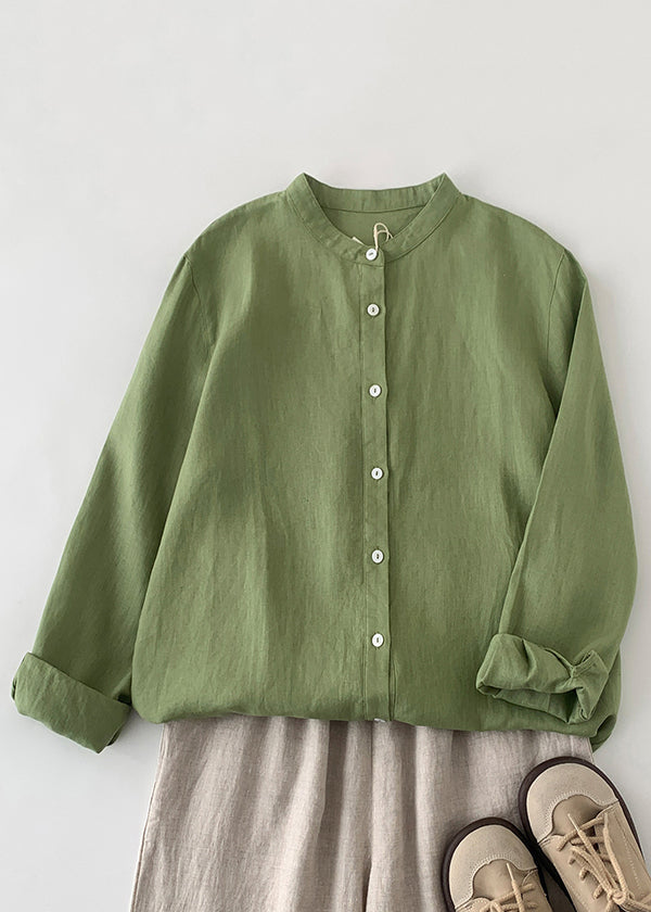 Loose Green O-neck Button Linen Shirts Spring