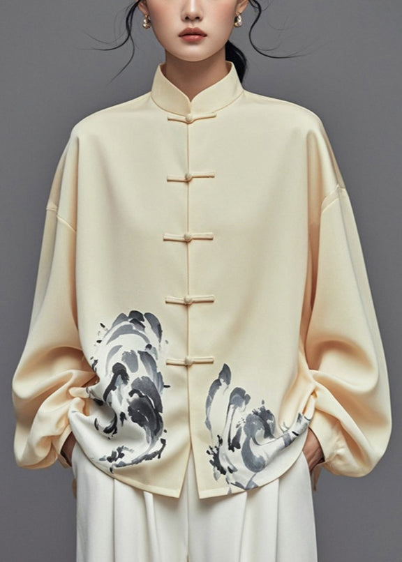New Yellow Button Print Silk Cotton Shirt Fall