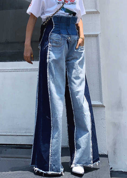 Modern Blue Pockets High Waist Patchwork Denim Pants Spring