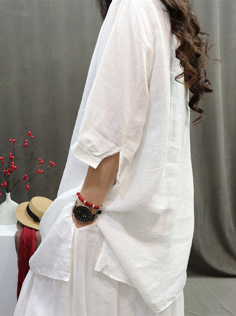 Summer Retro Embroidery O-neck Ramie Shirt