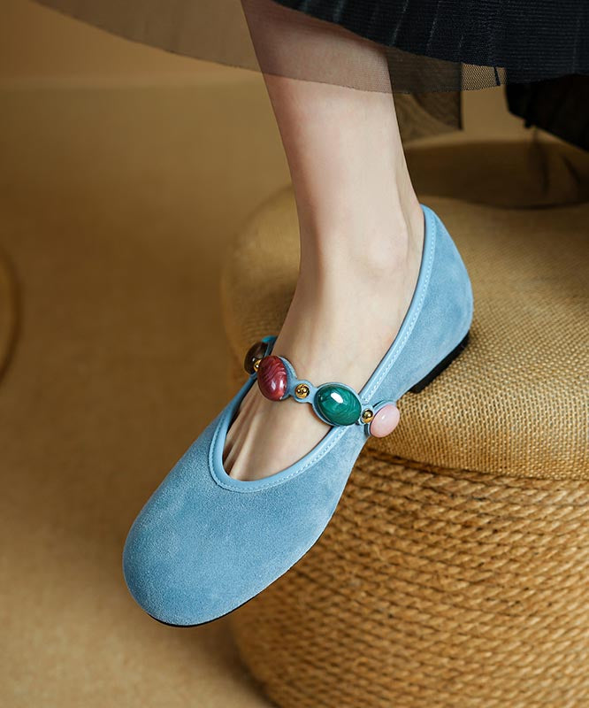 Blue Suede Buckle Strap Splicing Flat Shoes for