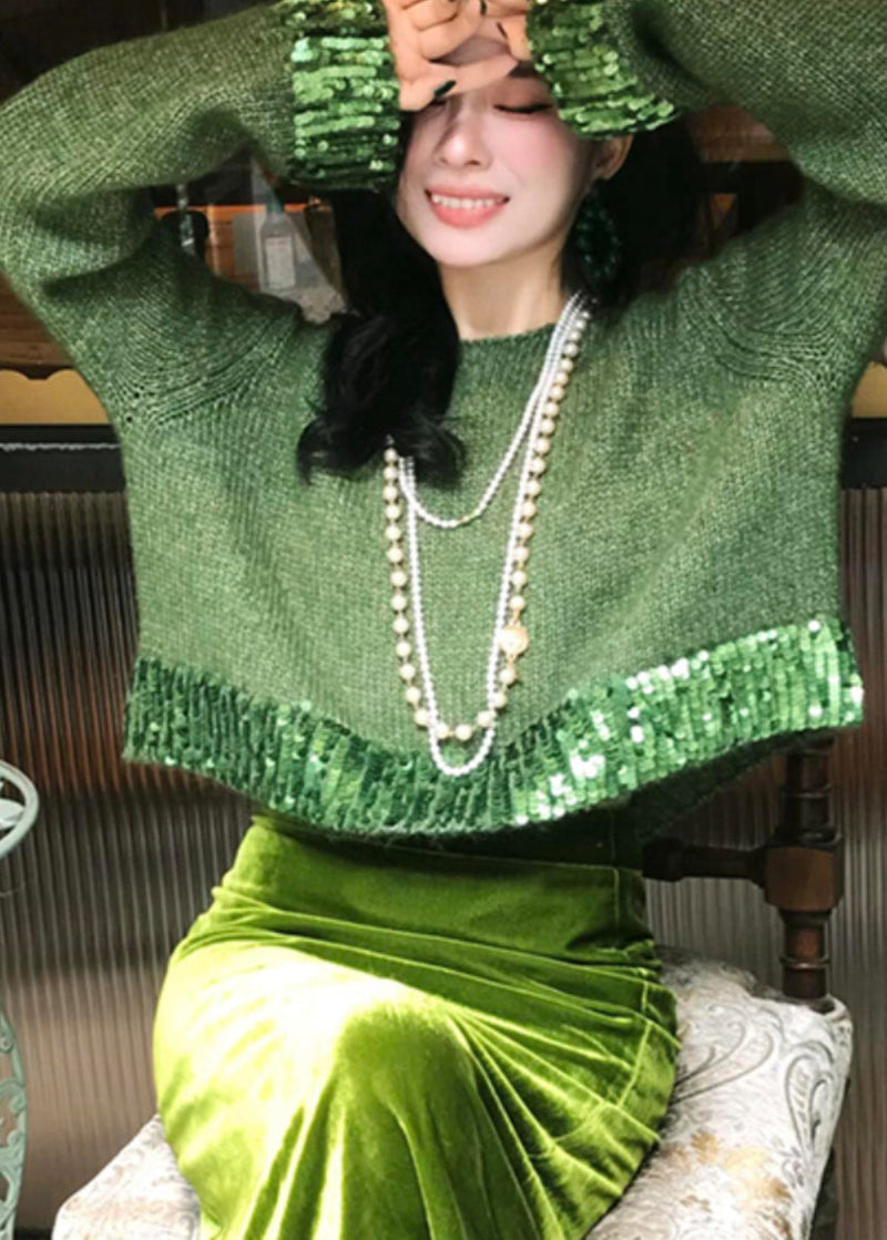 Fitted Green Knit Sweaters and Velour Skirts Two Piece Suit Set Fall
