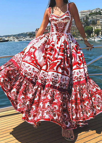 Rose Print Wrinkled Cotton Spaghetti Strap Dress Summer