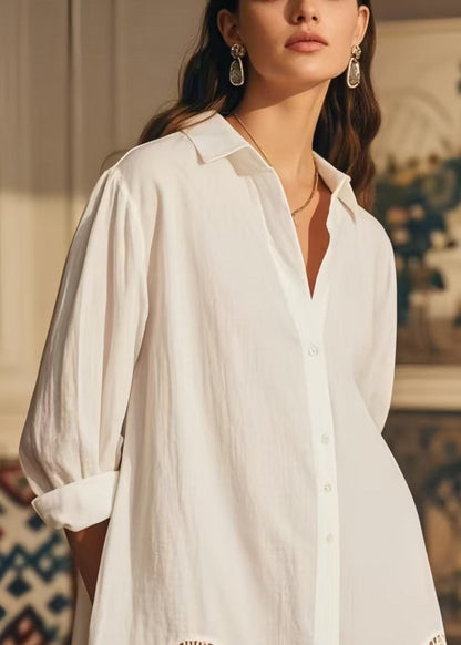 White Oversized Hollow Out Cotton Long Shirts Spring