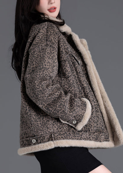 Brown Oversized Leopard Print Warm Fleece Jacket Winter