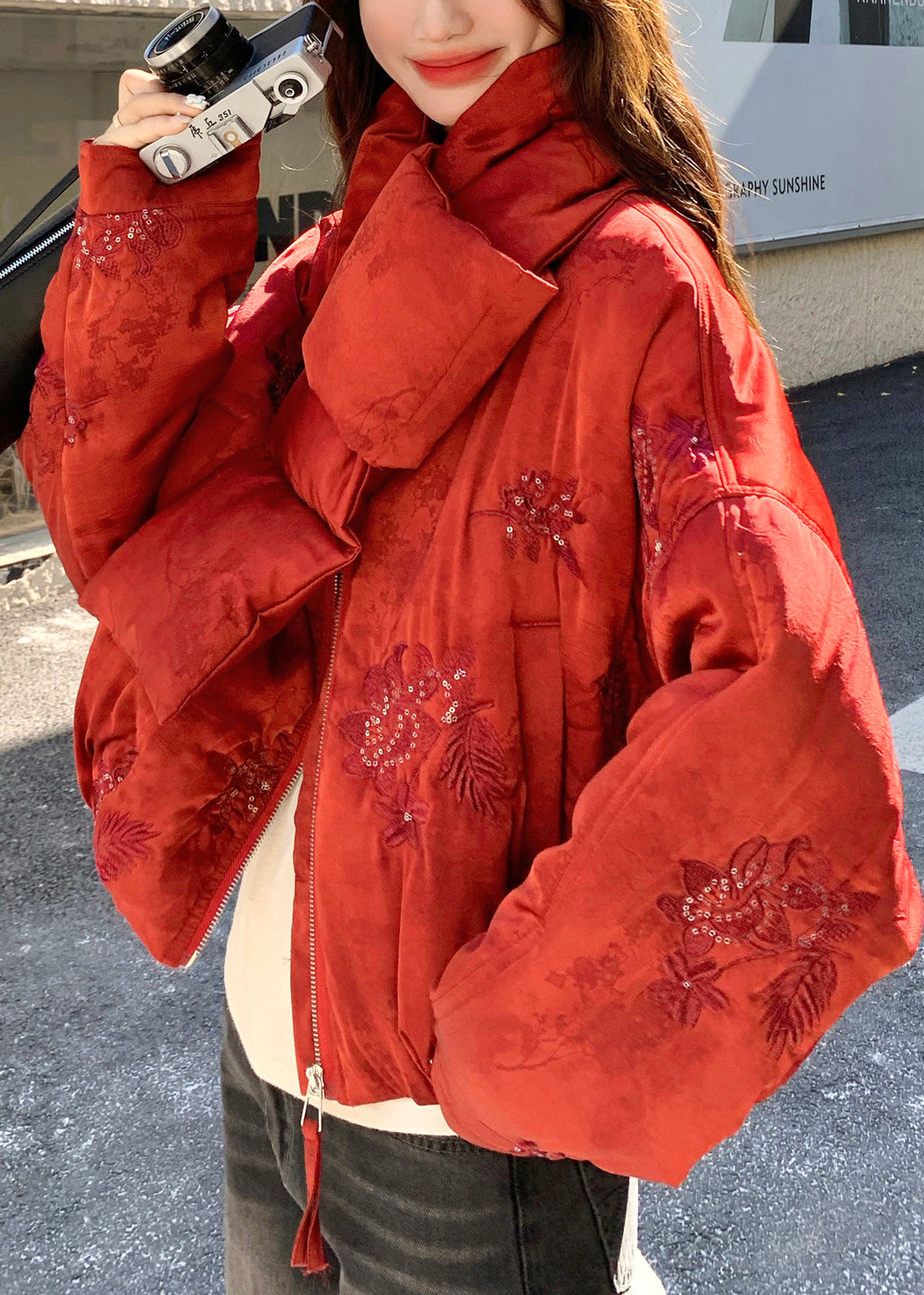 Stylish Red Embroidered Sequins Fine Cotton Filled Coats Winter