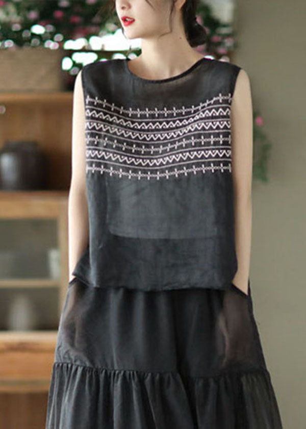Black Embroidered Linen Tank Tops Sleeveless