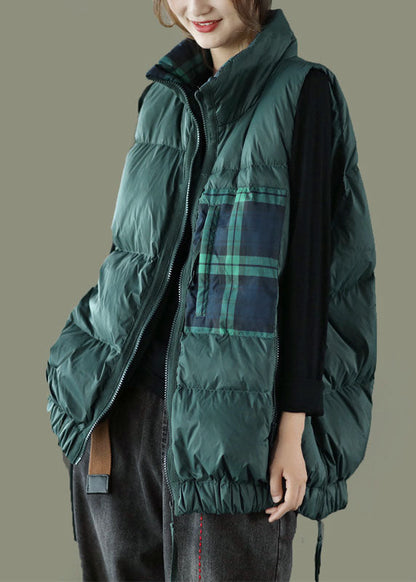 Organic Tea Green Stand Collar Zippered Thick Winter Tops Sleeveless Vest