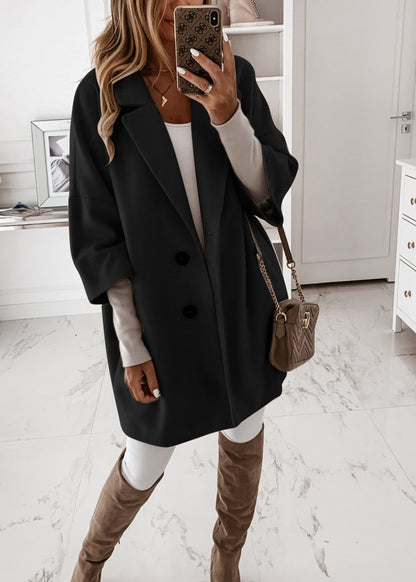 New White Peter Pan Collar Pockets Woolen Coat Fall