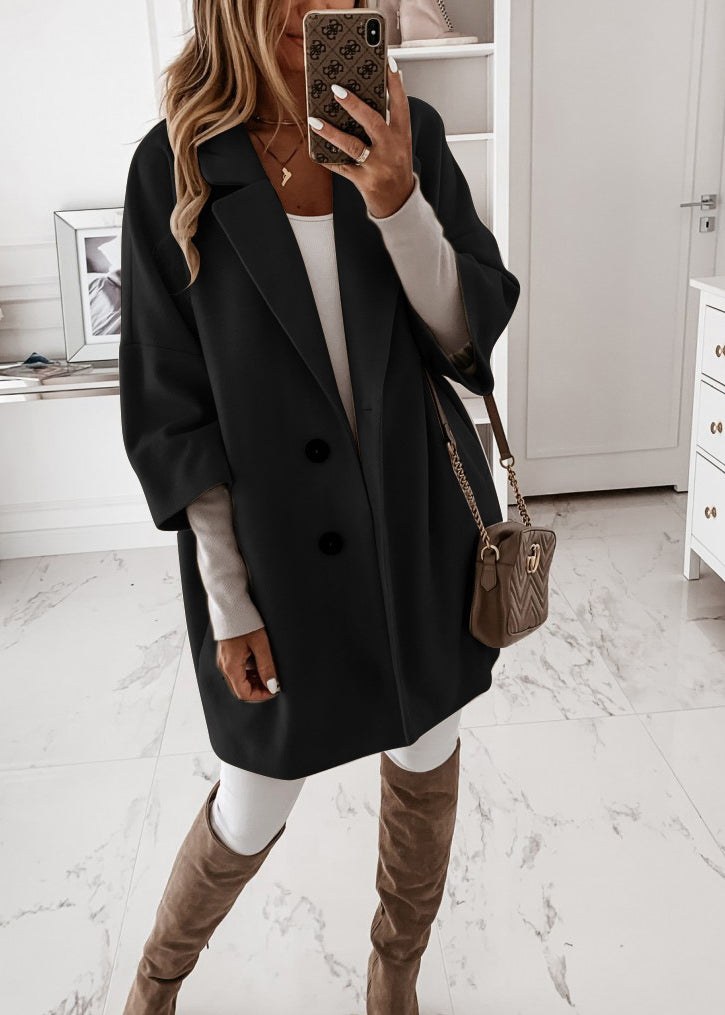 New White Peter Pan Collar Pockets Woolen Coat Fall