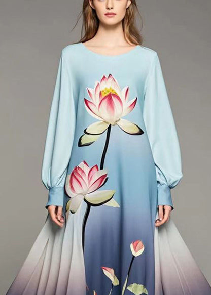 Gradient Color Lotus Print Chiffon Dress Fall