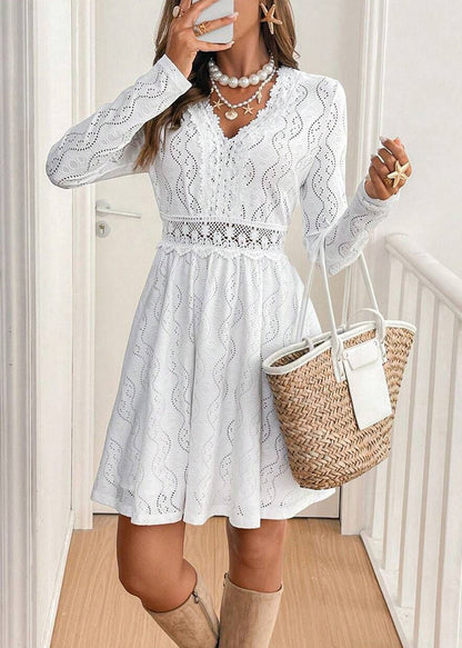 White V Neck Hollow Out Lace Dress Spring