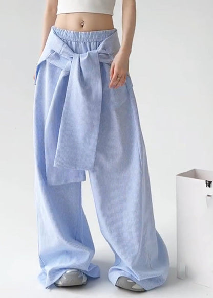 Blue Tie Waist Detachable Striped Straight Pants Spring