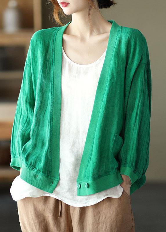 Green Loose Retro V Neck Fall Blouses Long Sleeve