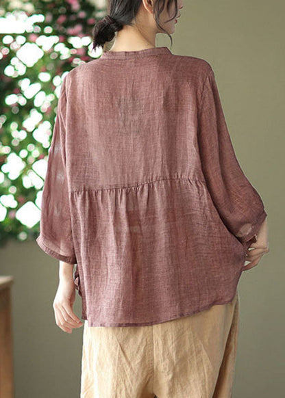 Chocolate Patchwork Linen Shirt Top Wrinkled Bracelet Sleeve