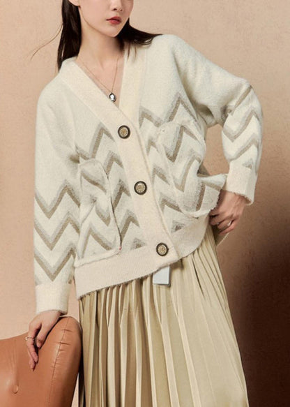 Beige V Neck Button Pockets Knit Coat Winter