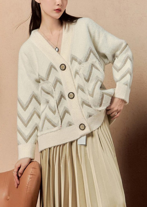 Beige V Neck Button Pockets Knit Coat Winter