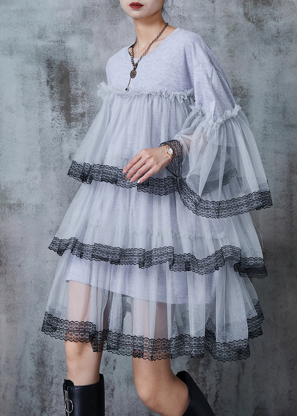 Grey Oversized Patchwork Tulle Vacation Dress Summer