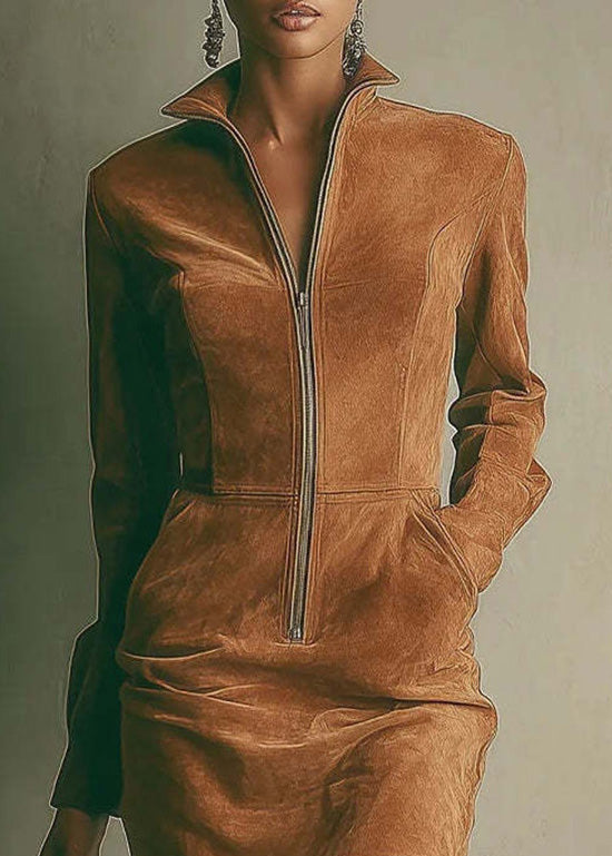 New Khaki Stand Collar Zip Up Patchwork Mini Dress Fall