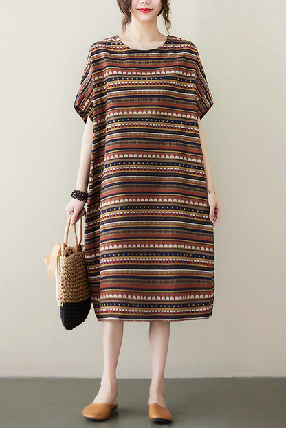Summer Retro Coffee Striped Dress Cotton Linen Short-sleeved Long Dress