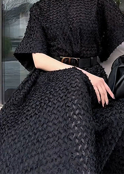 Black Hign Neck Tie Waist Cotton Dresses Fall