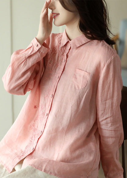 Diy Pink Peter Pan Collar Ramie Shirts Spring
