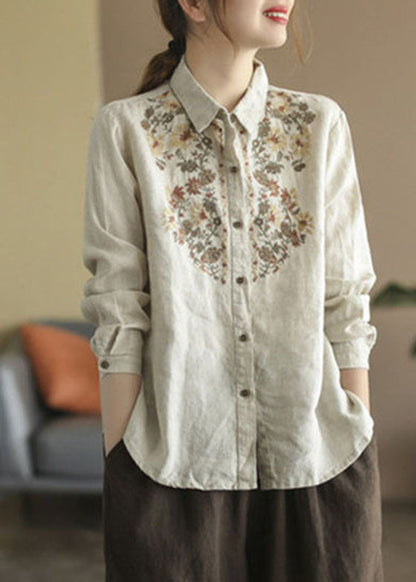 French Beige Peter Pan Collar Embroidered Linen Shirt Tops Spring