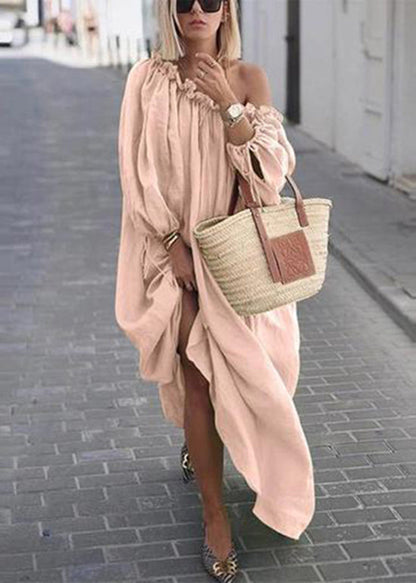 Boutique Khaki Ruffled Cold Shoulder Loose Cotton Long Dresses Spring
