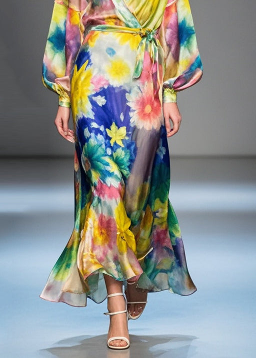 Flower Print Tie Waist Silk Long Dress Fall