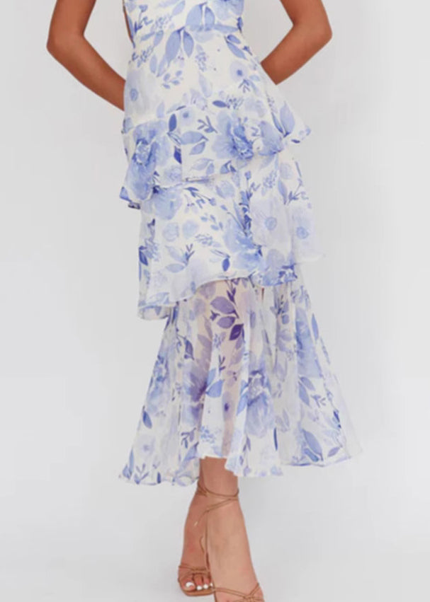 Italian Blue Print Backless Lace Up Chiffon Spaghetti Strap Dress Sleeveless