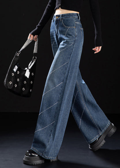 Stylish Blue Pockets Zircon Warm Fleece Denim Pants Winter