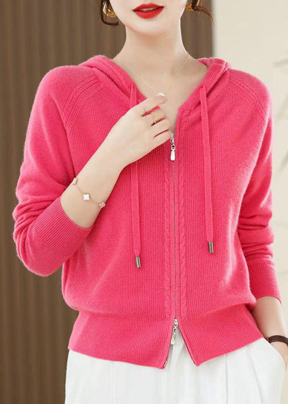 Red Zip Up Wool Knit Hooded Cardigans Spring