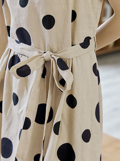Summer Dot Drawstring Linen Vest Dress