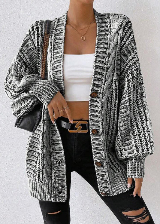 Black V Neck Button Loose Knit Cardigan Fall