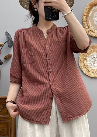 Red Stand Collar Striped Cotton Shirt Half Sleeve