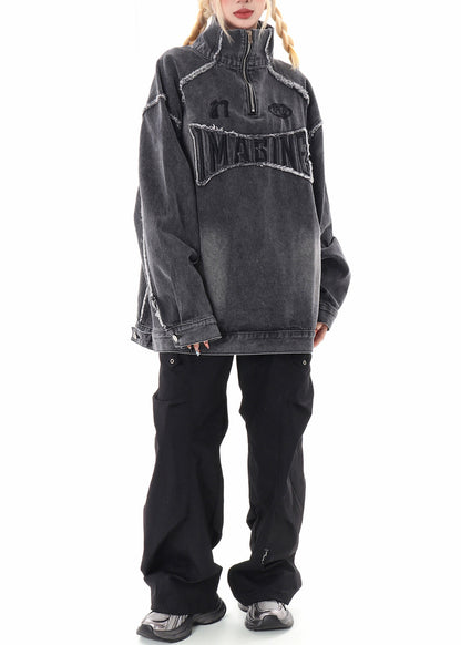 Grey Oversized Stand Collar Embroidered Denim Pullover Coats Spring