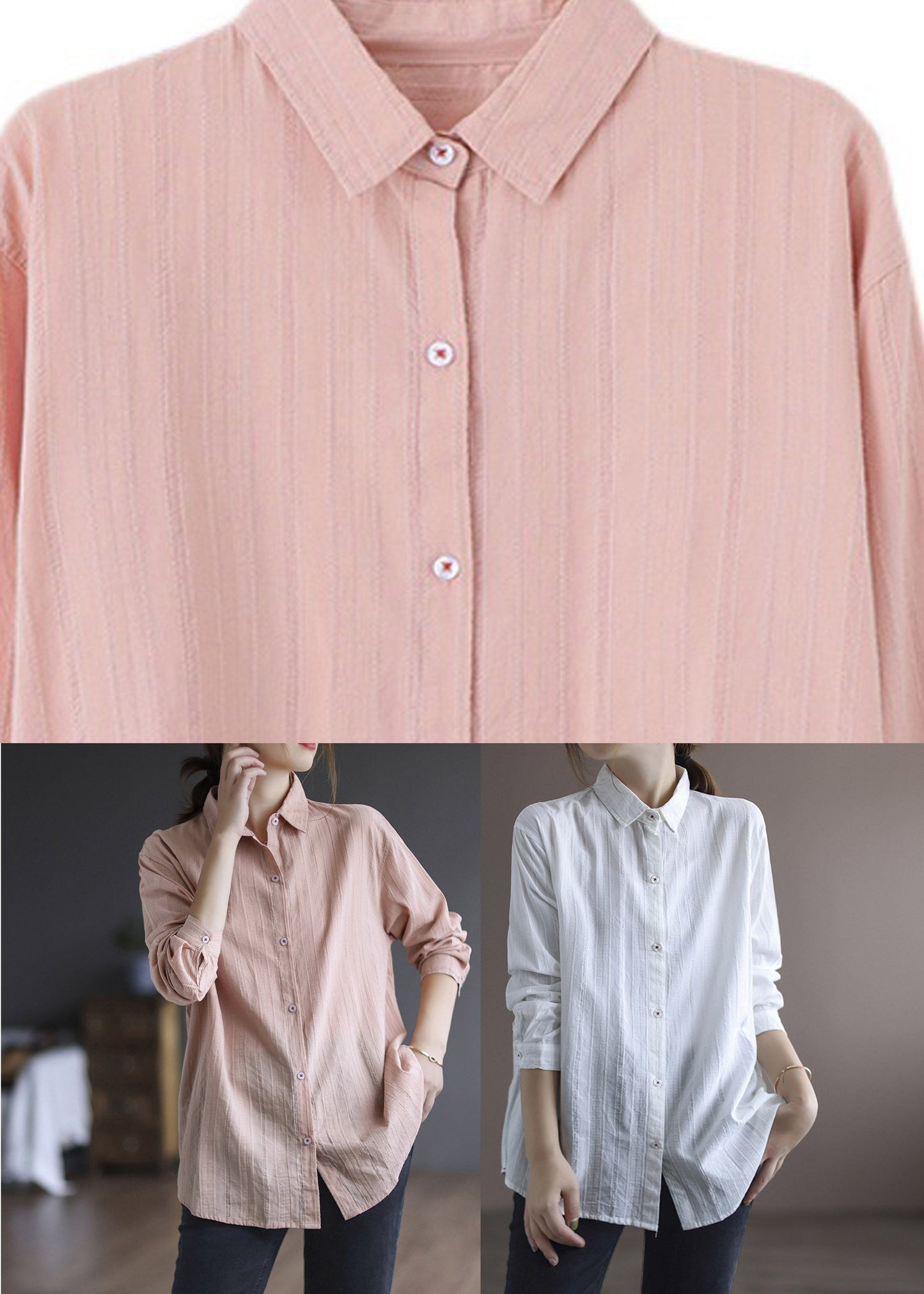 Pink Peter Pan Collar Cotton Shirt Long Sleeve