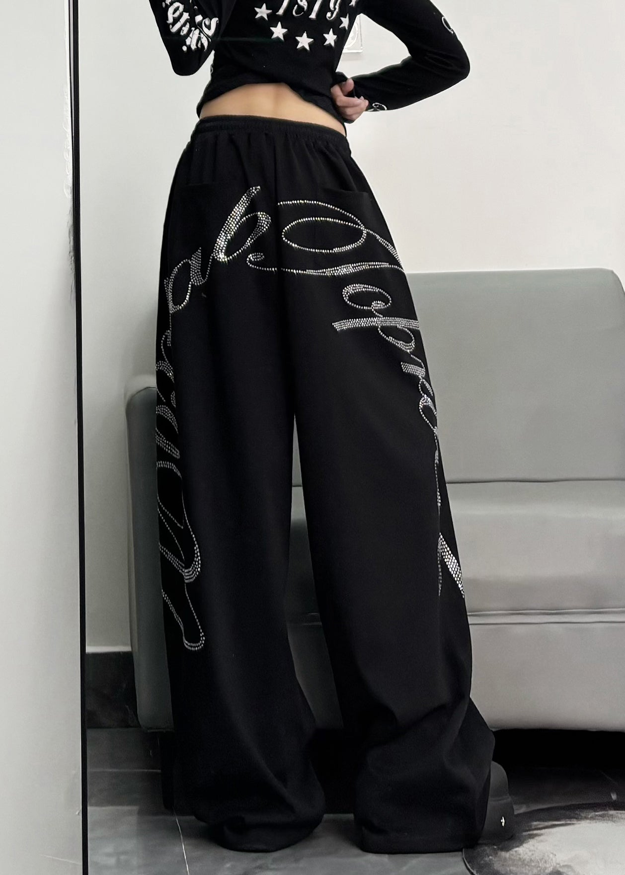 Black Oversized Letter Zircon Cotton Wide Leg Pants Spring