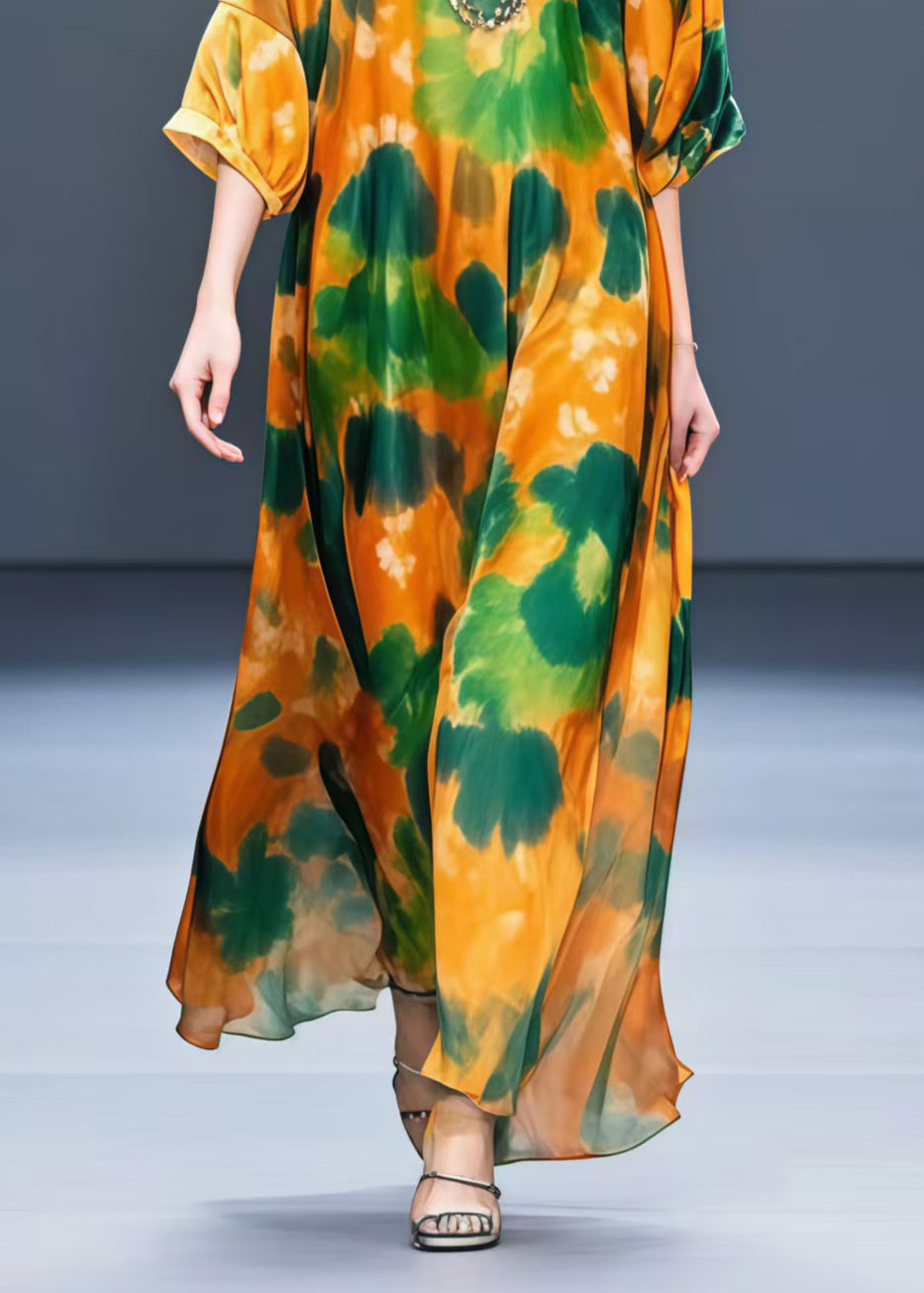 Orange Oversized Leaf Print Chiffon Dress Half Sleeve