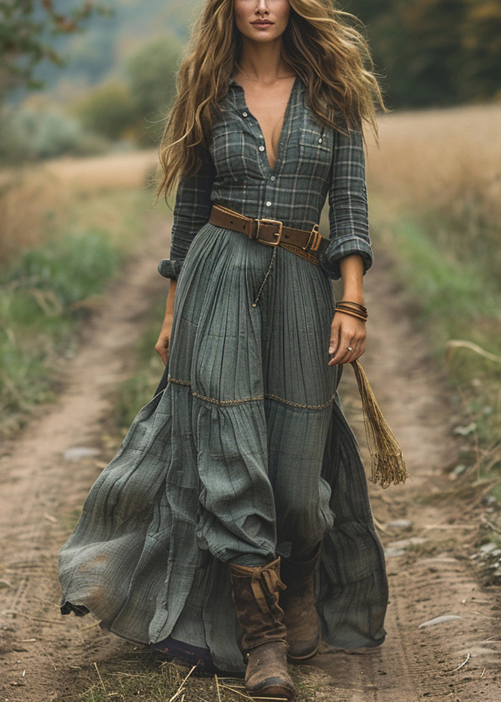 Green Plaid Patchwork Cotton Long Dress Fall