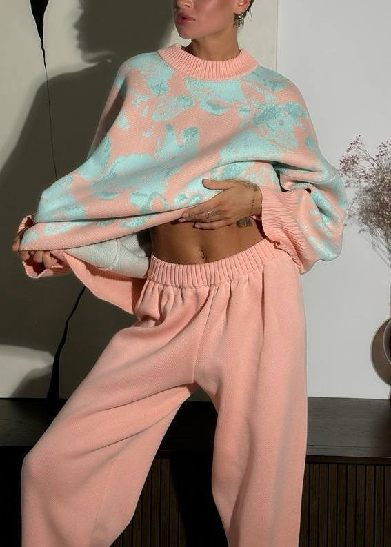 European and American Style Pink Sweaters and Pants Knit Two Pieces Winter