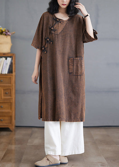 O-neck Button Side Open Denim Long Dresses Short Sleeve