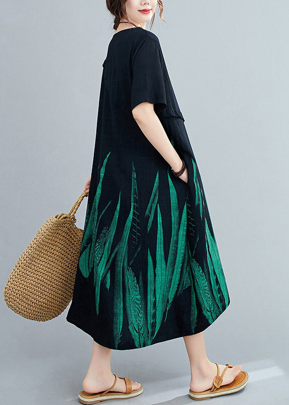 Loose Black O-neck Print Linen Maxi Dress Short Sleeve