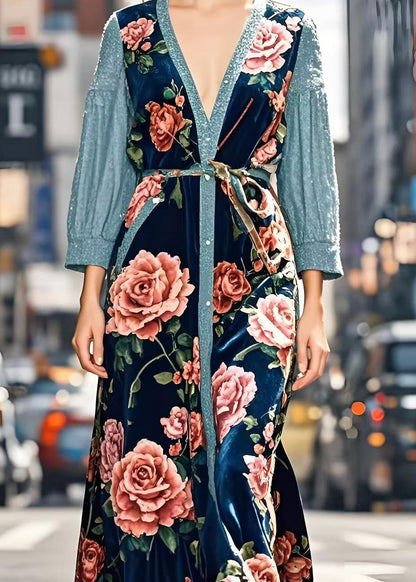 Art Peacock Blue Patchwork Silk Velvet Long Dresses Spring