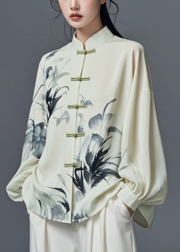 Light Green Stand Collar Print Cotton Shirt Fall
