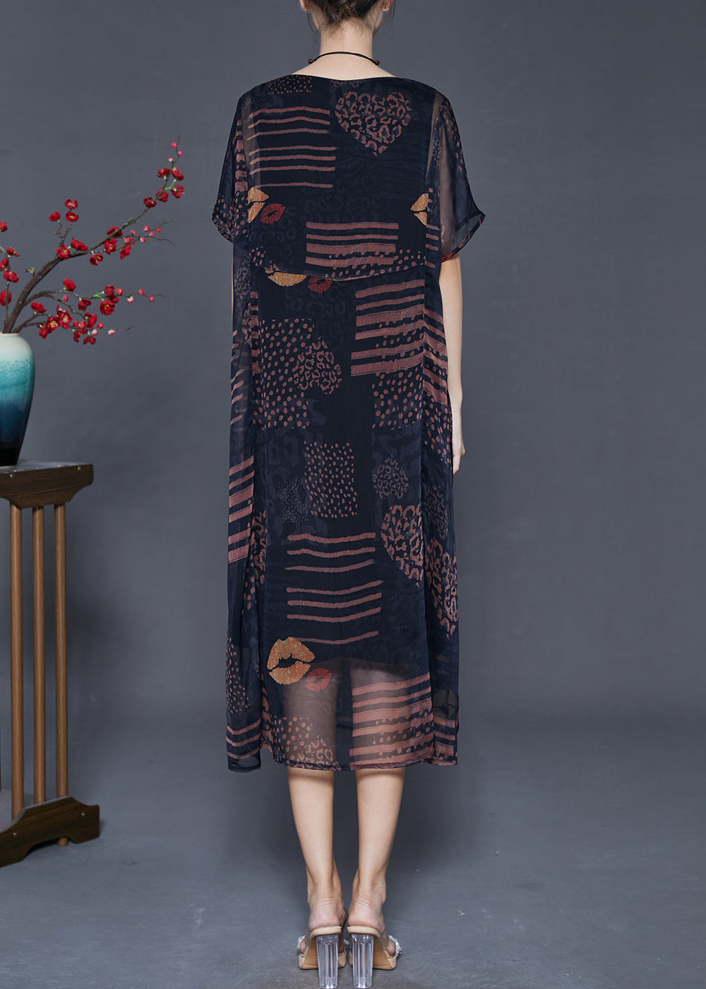 Black Oversized Print Chiffon Long Dress Summer