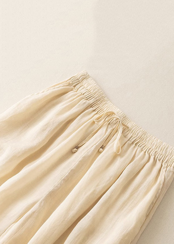 Apricot Pockets Drawstring Linen Crop Pants Summer