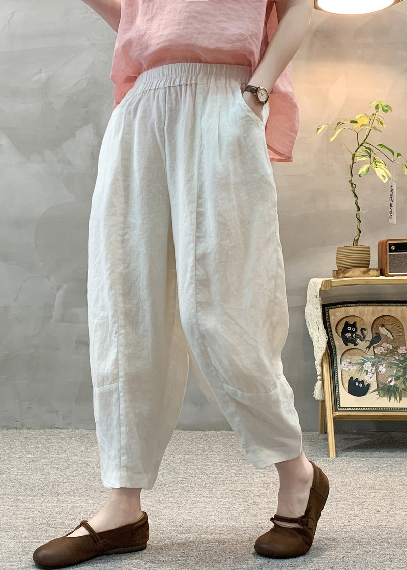 White Elastic Waist Linen Harem Pants Summer