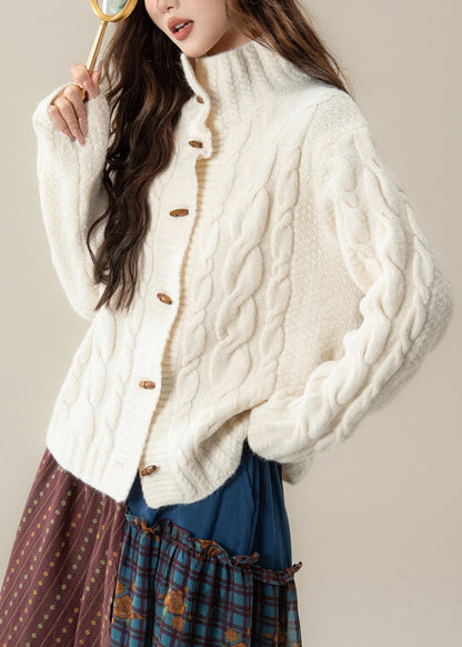 White Stand Collar Button Cable Knit Coats Winter