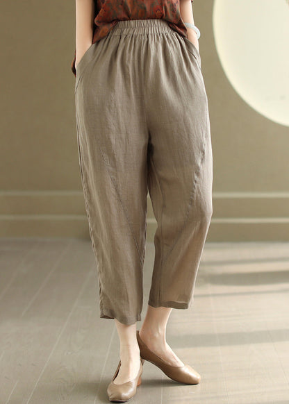 Orange Pockets Elastic Waist Linen Pants Summer
